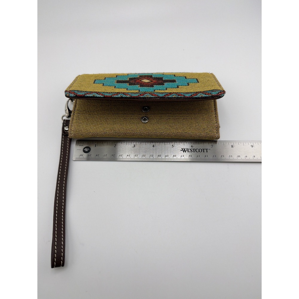 Southwestern Tapestry Wristlet Wallet Aztec Turquoise Tan Clutch - Picture 4 of 5